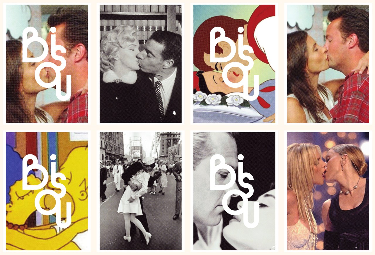 Bisou kiss wall, eight cinematic kiss panels with the Bisou letters overlaid