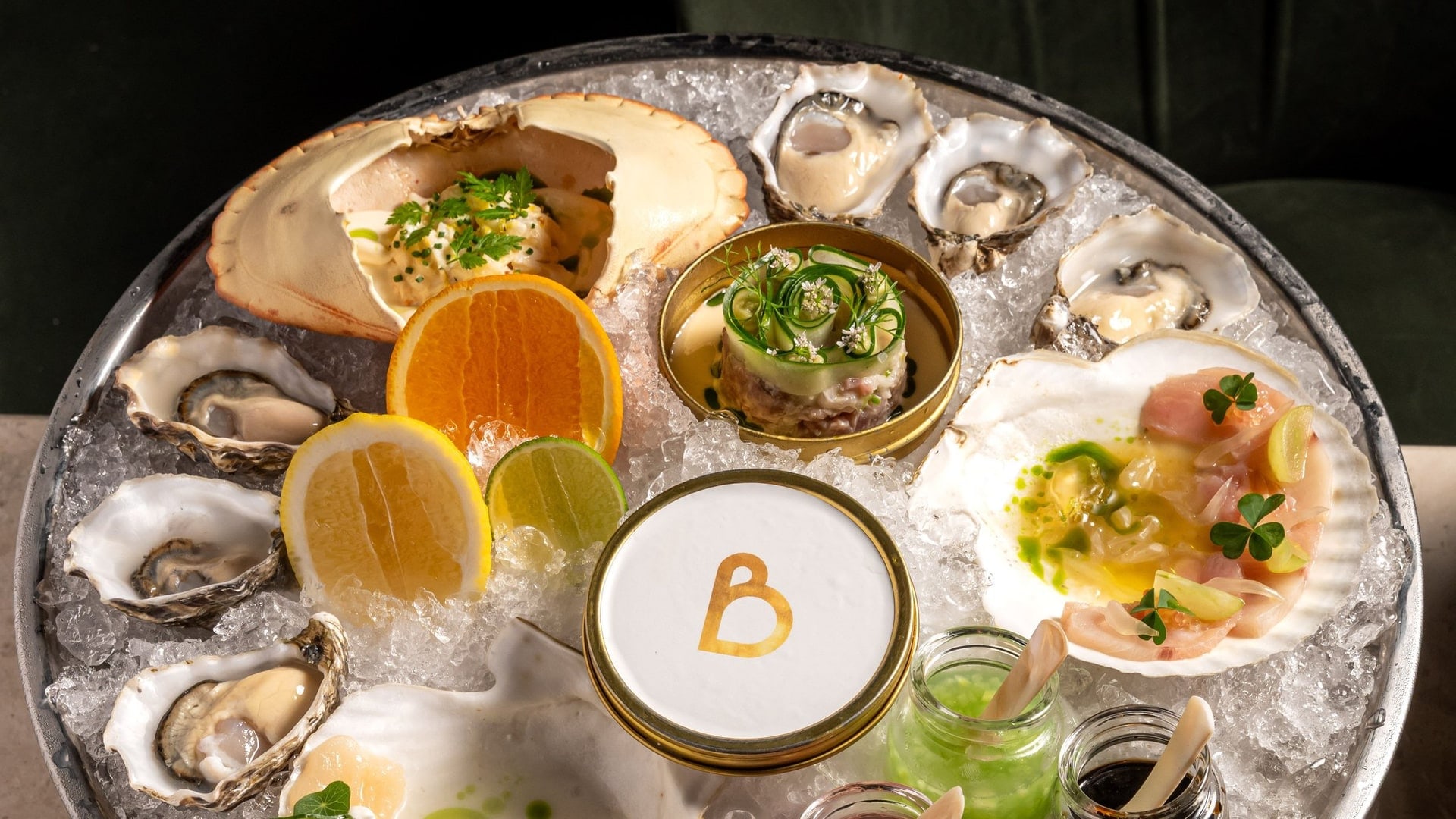 The Bisou seafood platter on ice, with oysters, crab, scallop and ceviche, at a modern French restaurant in Cherngtalay, Phuket